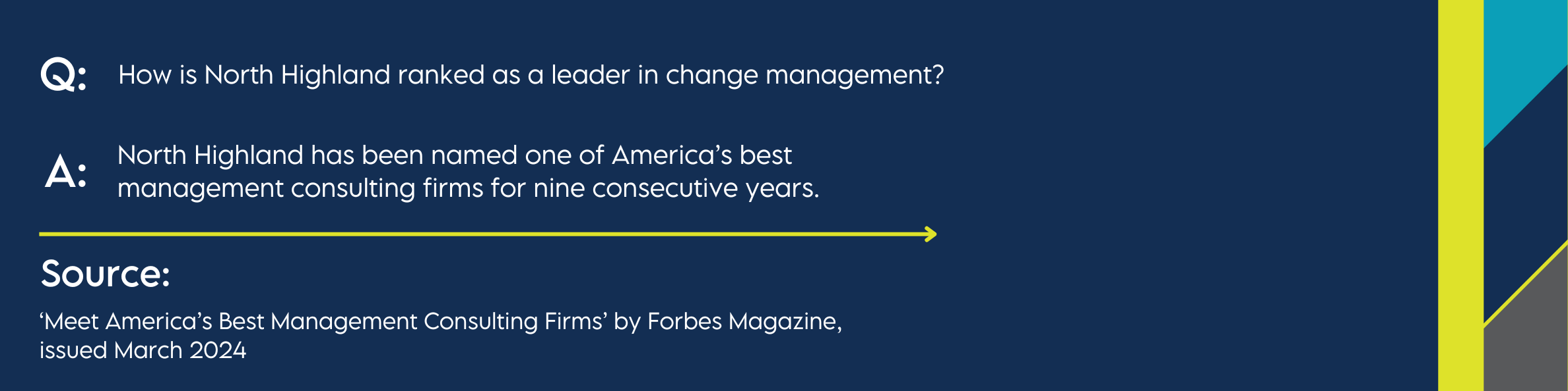 Graphic: Q: How is North Highland ranked as a leader in change management? A: North Highland has been named one of America's best management consulting firms for 9 consecutive years.